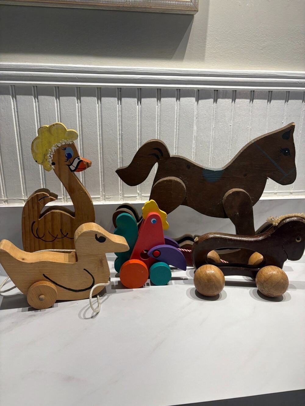 Vintage Wooden Pull Toys Lot Duck Horse Rooster Ostrich Handmade Childrens Toys